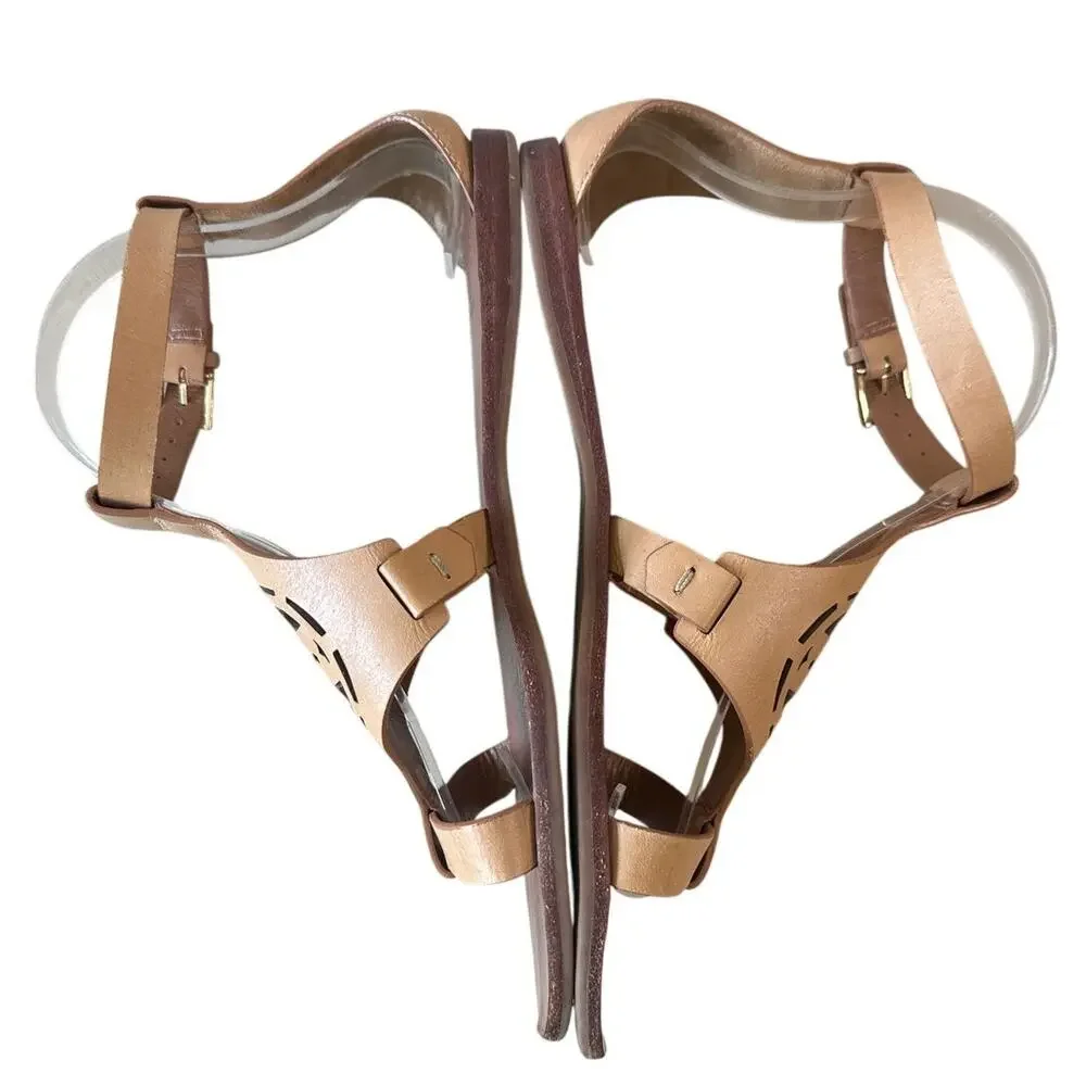 Tory Burch Zoey Leather Sandals‎ Tan Cutout Logo Flat Size 8